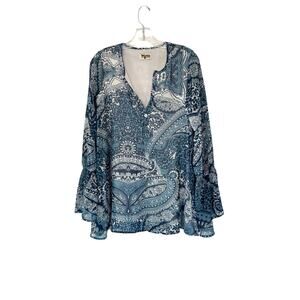 Show Me Your Mumu Blue White Paisley Boho‎ Perveen Pirate Tunic Blouse Size XS